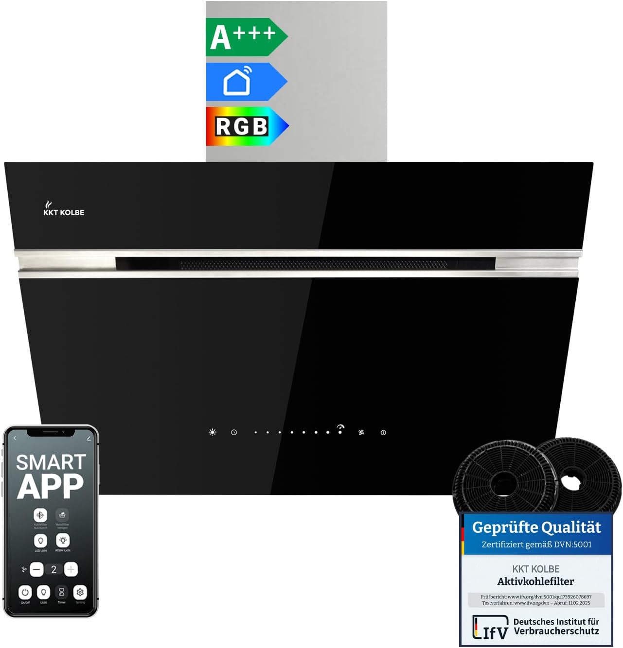 KKT KOLBE A+++ Dunstabzugshaube 60 cm 782 cbm/h Umluft Abluft Kopffrei Wandhaube | Schwarz Silber Edelstahl | Glas | Nachlaufautomatik | Smart WiFi App WLAN | SensorTouch | RGBW LED | AURORA6005SE