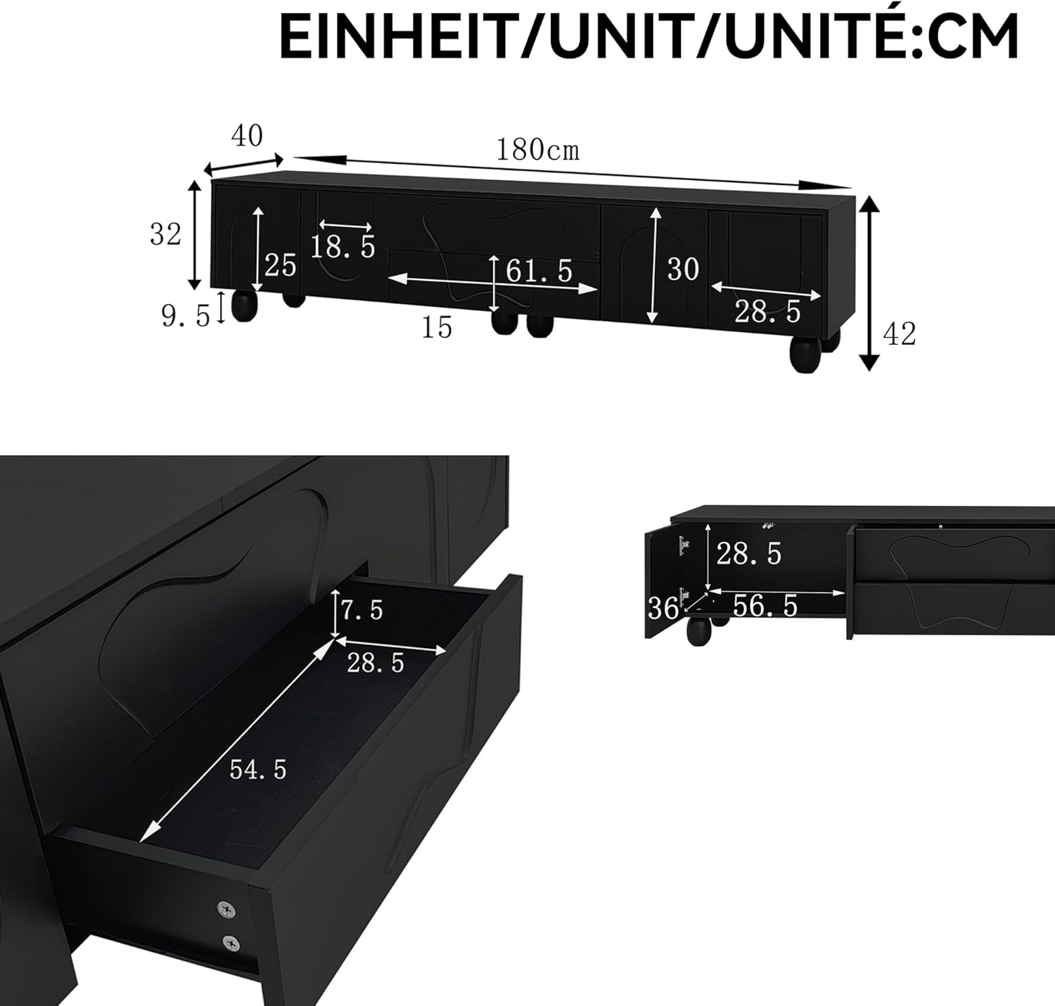 Merax TV-Schrank 180x40x42 cm, mit Holzbeinen, Moderner Fernsehtisch mit großem Stauraum, Schubladen und offenen Fächern, für Wohnzimmer, Schwarz