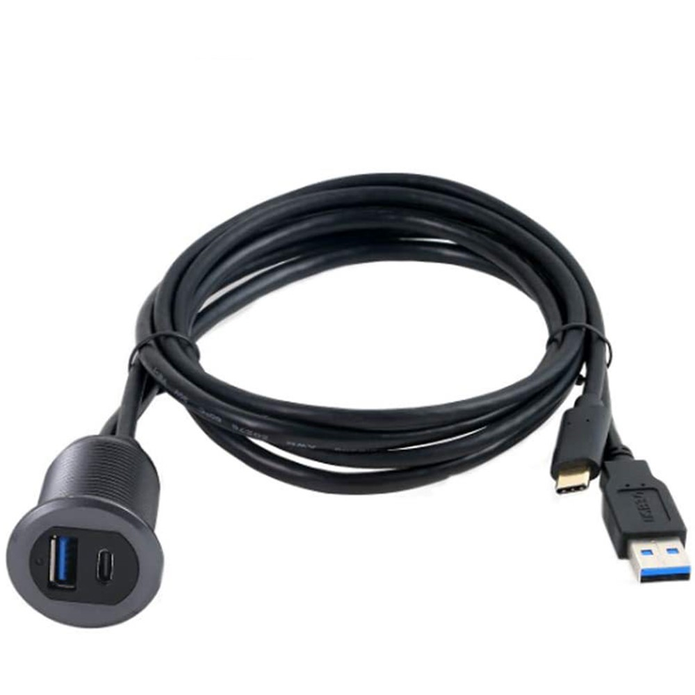 (2m) USB A / USB C Buchse Verlängerungskabel KFZ Auto LED Armaturenbrett Kabel - Schwarz
