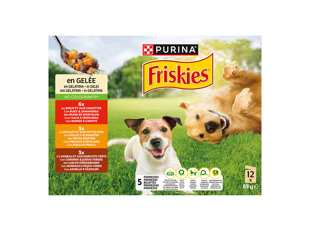 COMIDA HÚMIDA PARA CÃO ADULTO FRISKIES GELATINA VACA / FRANGO / BORREGO 12X85G