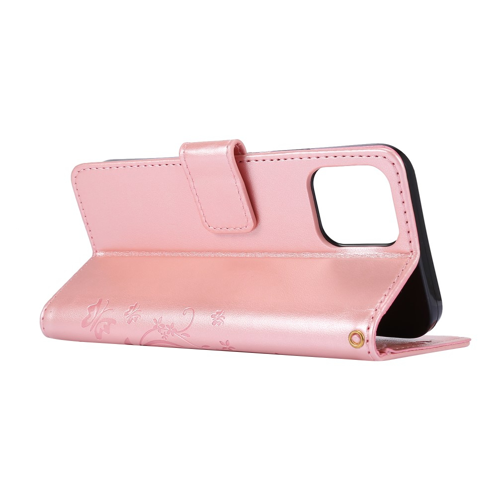 iPhone 12 / iPhone 12 Pro Leder Tasche mit Kartenfach   Handschlaufe Butterfly Flowers - Rosa