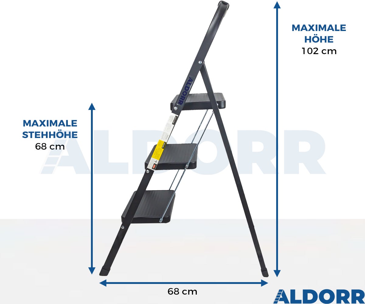 ALDORR Home - Opvouwbare trap 3 treden huishoudladder Opvouwbare trap van hoogwaardig aluminium - Zwart