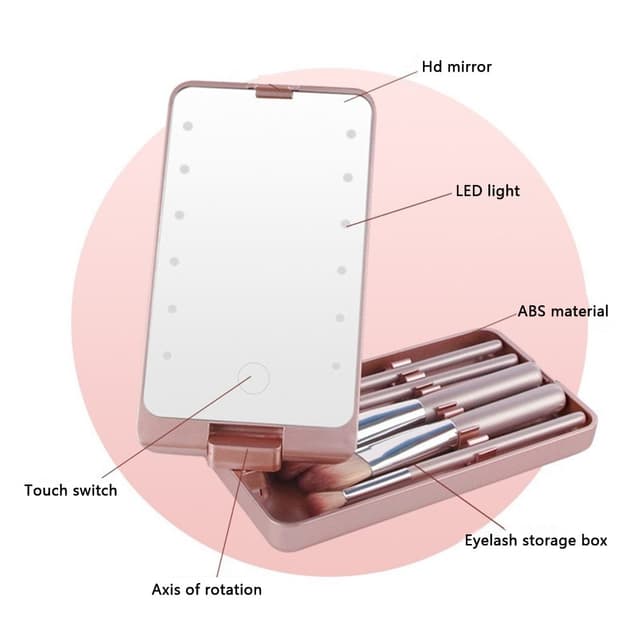 Make-up børste sæt 5 børster genopladeligt LED lys spejl