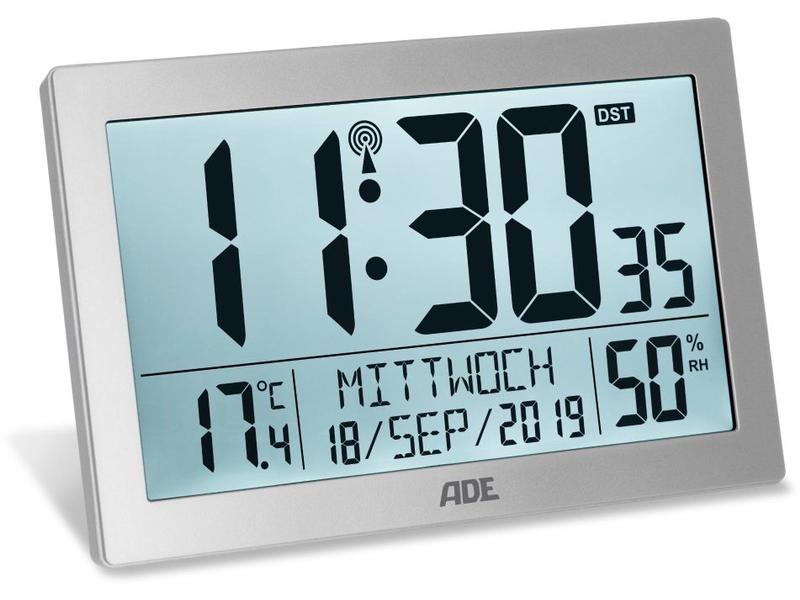 ADE Funk-Wanduhr XL, Silber Wecker mit digitaler Anzeige
