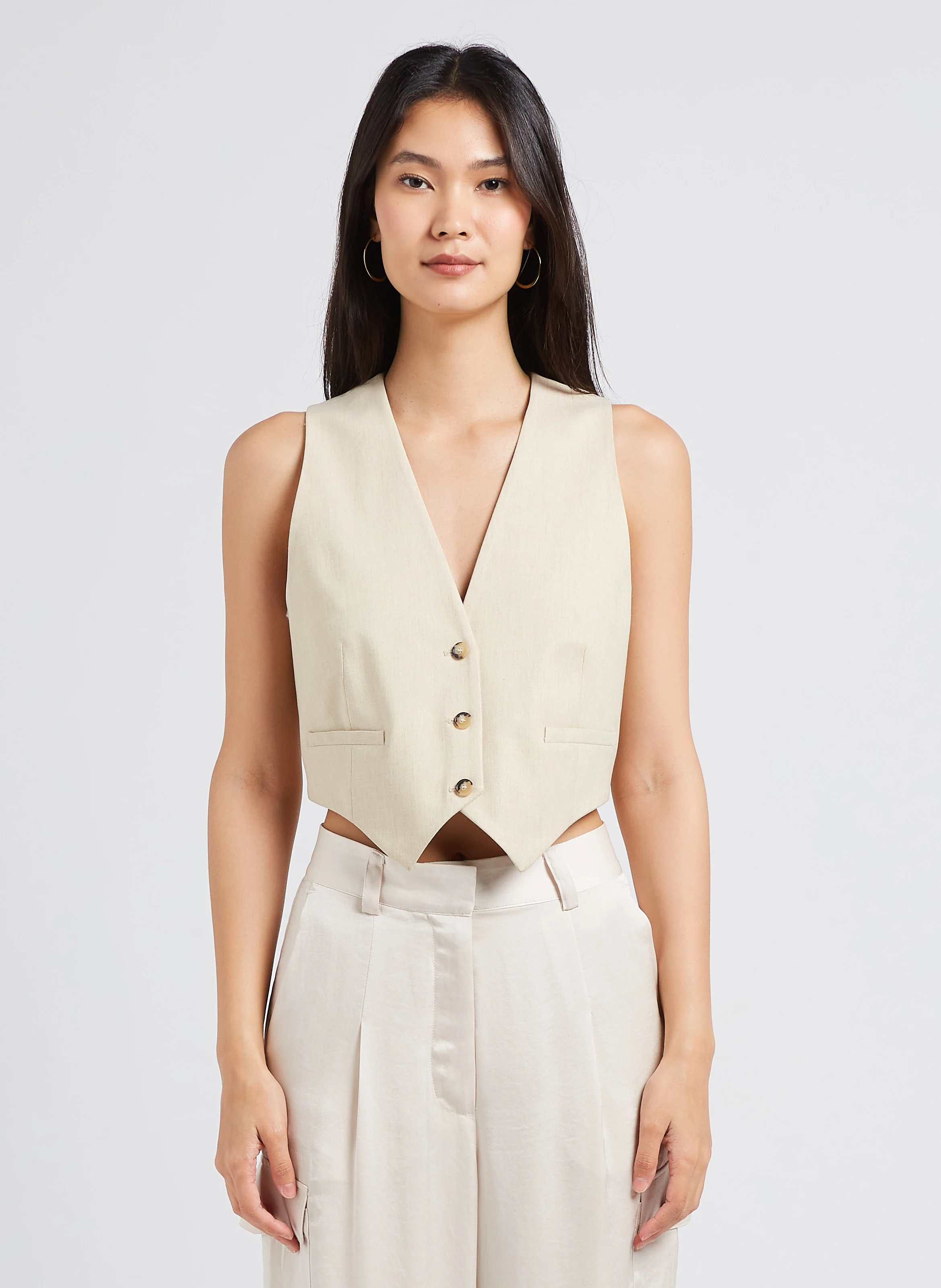JESSY - Veste col V sans manches| Beige
