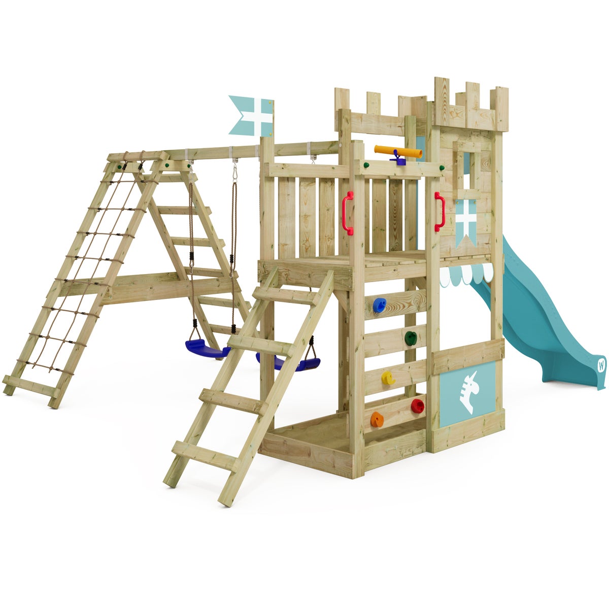 WICKEY DragonFlyer Castle Speeltoren met Schommel en Glijbaan, Speelhuis met Zandbak, Klimladder en Speelaccessoires – Pastelblauw