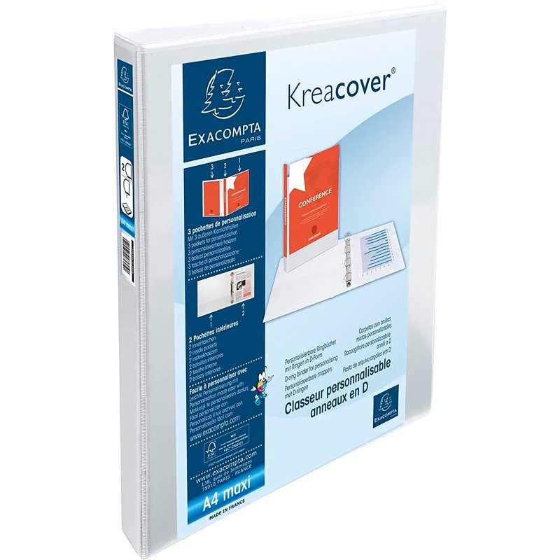 Classeur 2 anneaux plastifié Exacompta Kreacover® personnalisable A4+ - Dos 3,4 cm blanc