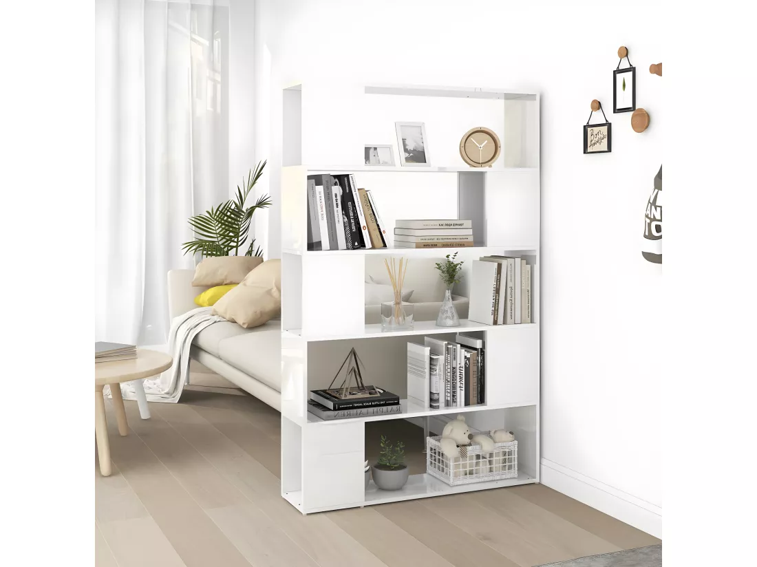 Bibliothèque séparateur de pièce blanc brillant bois ingénierie