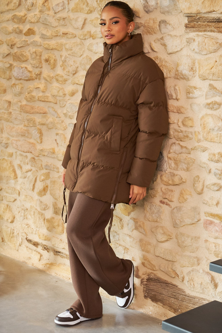 Doudoune marron matelassée mi-longue