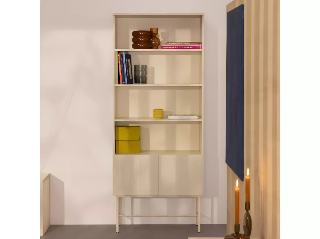 Molly - Bibliothèque 4 niches, 2 portes en bois et métal H200cm - Crème