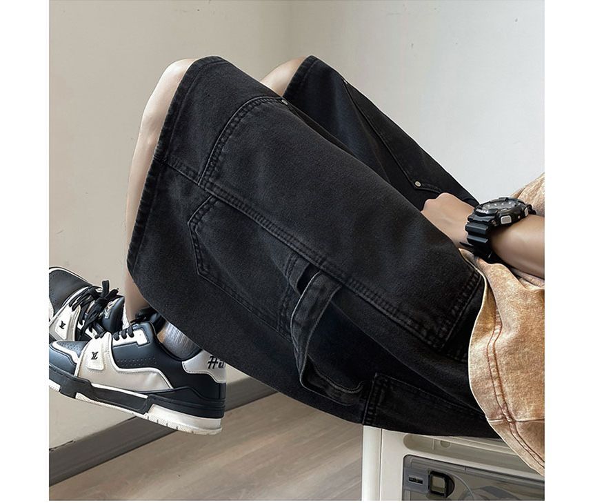 Whyessa - Low Rise Washed Wide Leg Cargo Denim Shorts