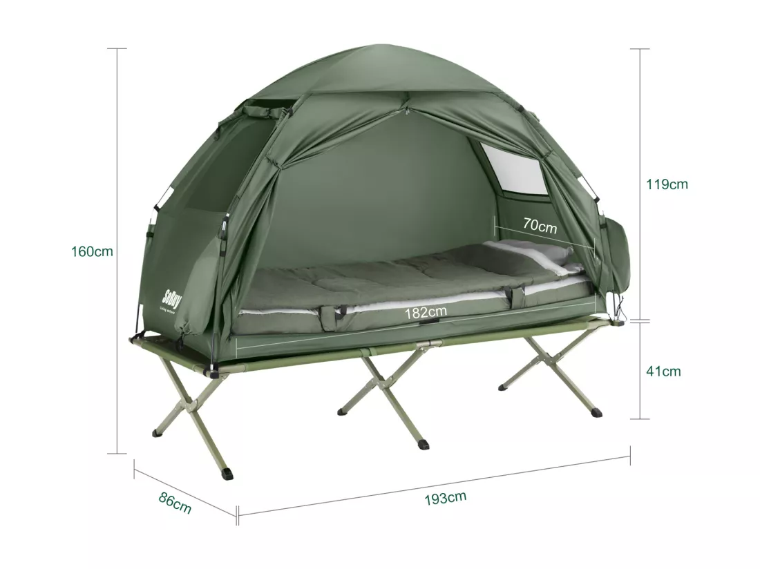 SoBuy Tente de Camping 4 en 1 Pliable Lit Surélevé, Toit, Sac de Couchage, Matelas Gonflable -1 Personne - Idéal pour Randonnée, Festival et Plein Air, OGS32-GR