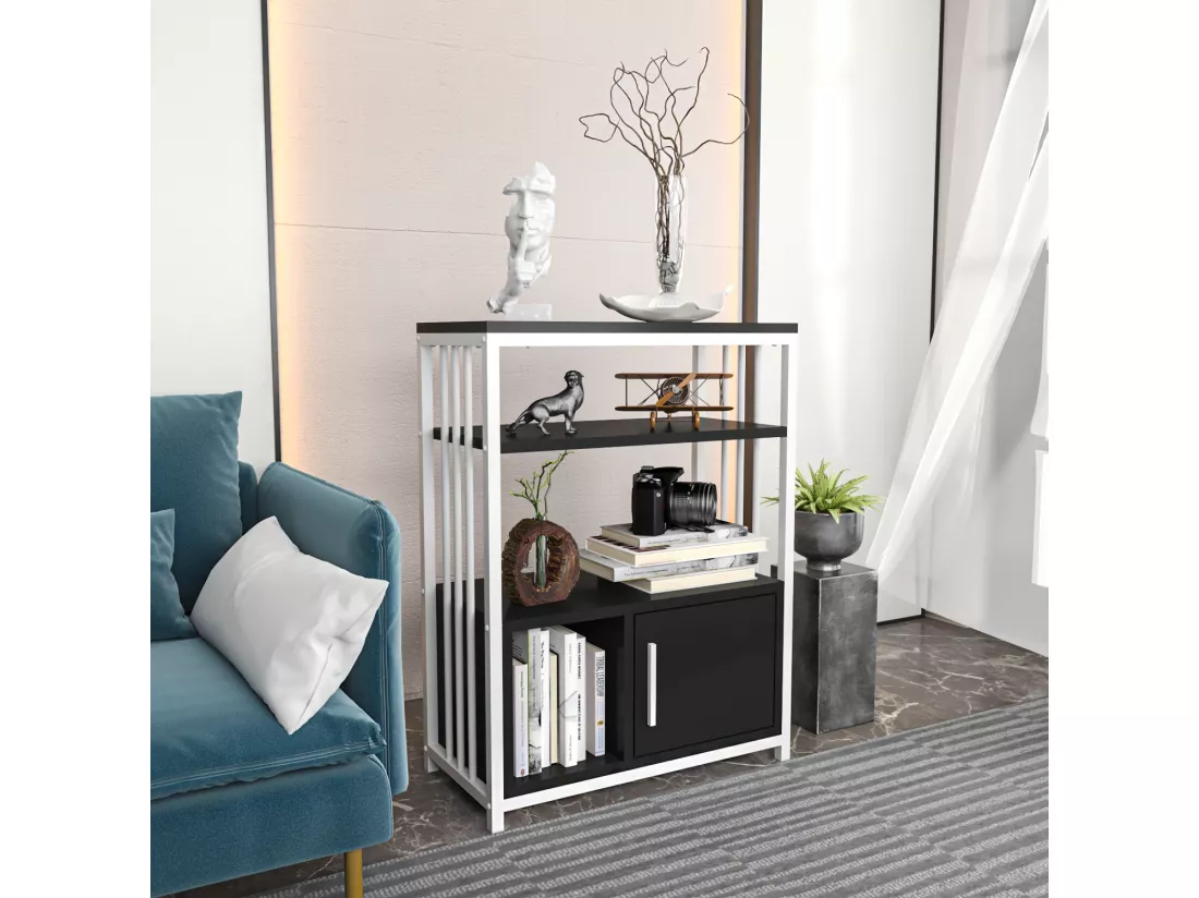 Bibliothèque Letos avec le cadre en métal et armoire, design stylistique (Anthracite et Blanc)