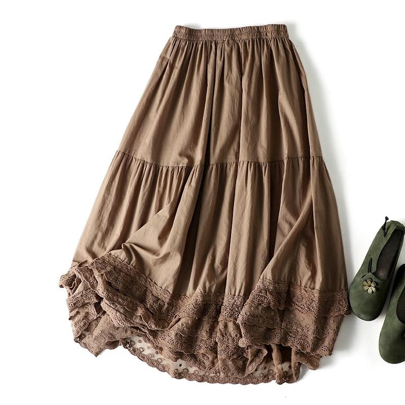 CosmoCorner - Midi-lijn rok met elastische taille en kanten rand