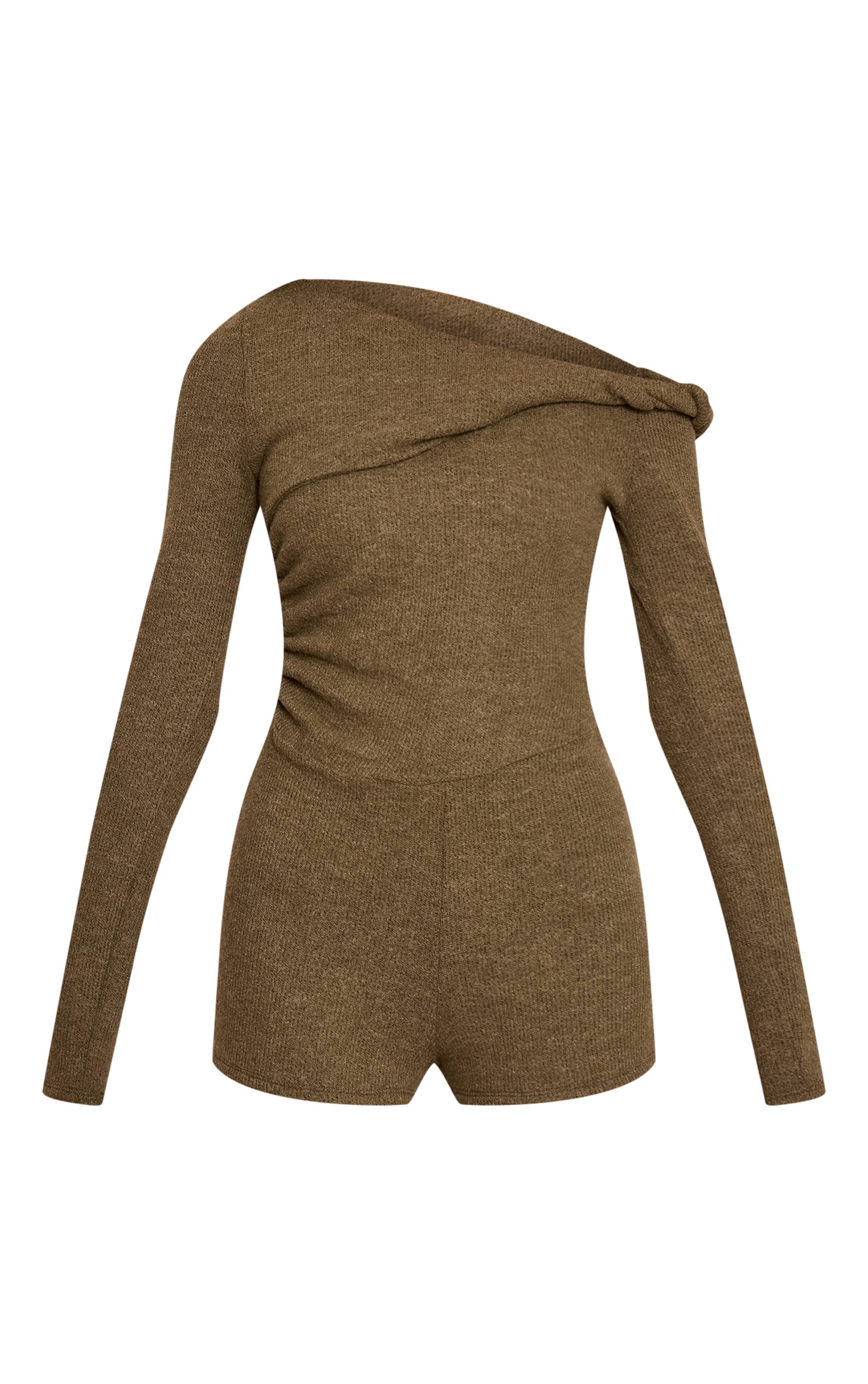Vert Olive Body Côtelé À Épaules Dénudées Avec Détail Torsadé