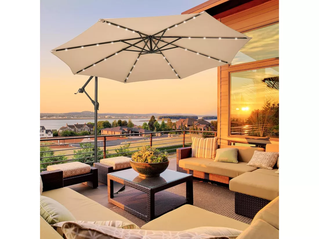 Parasol Déporté 3x3M, Grand Parasol de Jardin Extérieur Lumineux LED Solaire avec 2 Sacs de Sable, Base Croisée, Parasol Inclinable avec Manivelle, pour Balcon, Jardin, Terrasse Plage (Beige)