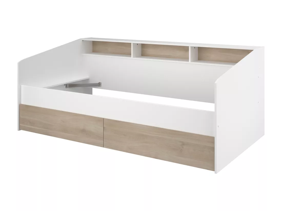 Lit 90 x 190/200 cm avec rangements - Blanc et naturel - PAULETTE