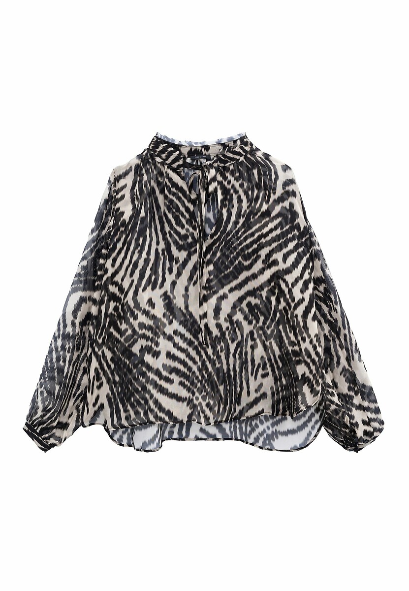 Blusa de manga comprida IKKS com estampa de zebra e laço no pescoço.