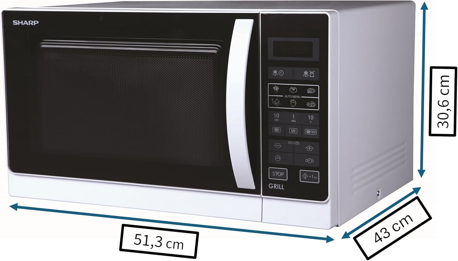 Sharp R742INW 2-in-1 Mikrowelle mit Grill/ 25 L/ 900 W/ 1000 W Grill/LED-Display/ 8 Automatikprogramme/Gewichtgesteuertes Auftauen/Kindersicherung/Energiesparmodus/hoher Rost/Silber