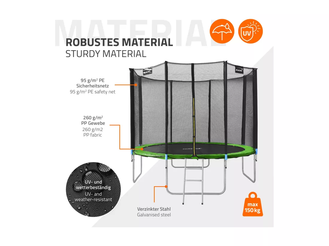 Hauki Trampoline Outdoor, Ø366 cm, vert, certifié GS, trampoline de jardin rond pour enfants jusqu'à 150 kg, set complet avec filet de sécurité, échelle, couverture des bords, barres rembourrées, trampoline stable pour enfants