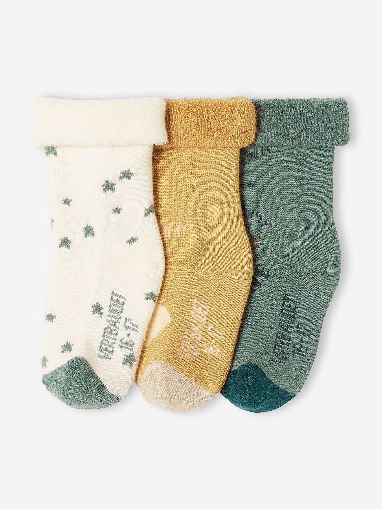Pacote com 3 pares de meias de bebê com estrelas, nuvens e sol, verde salgueiro.