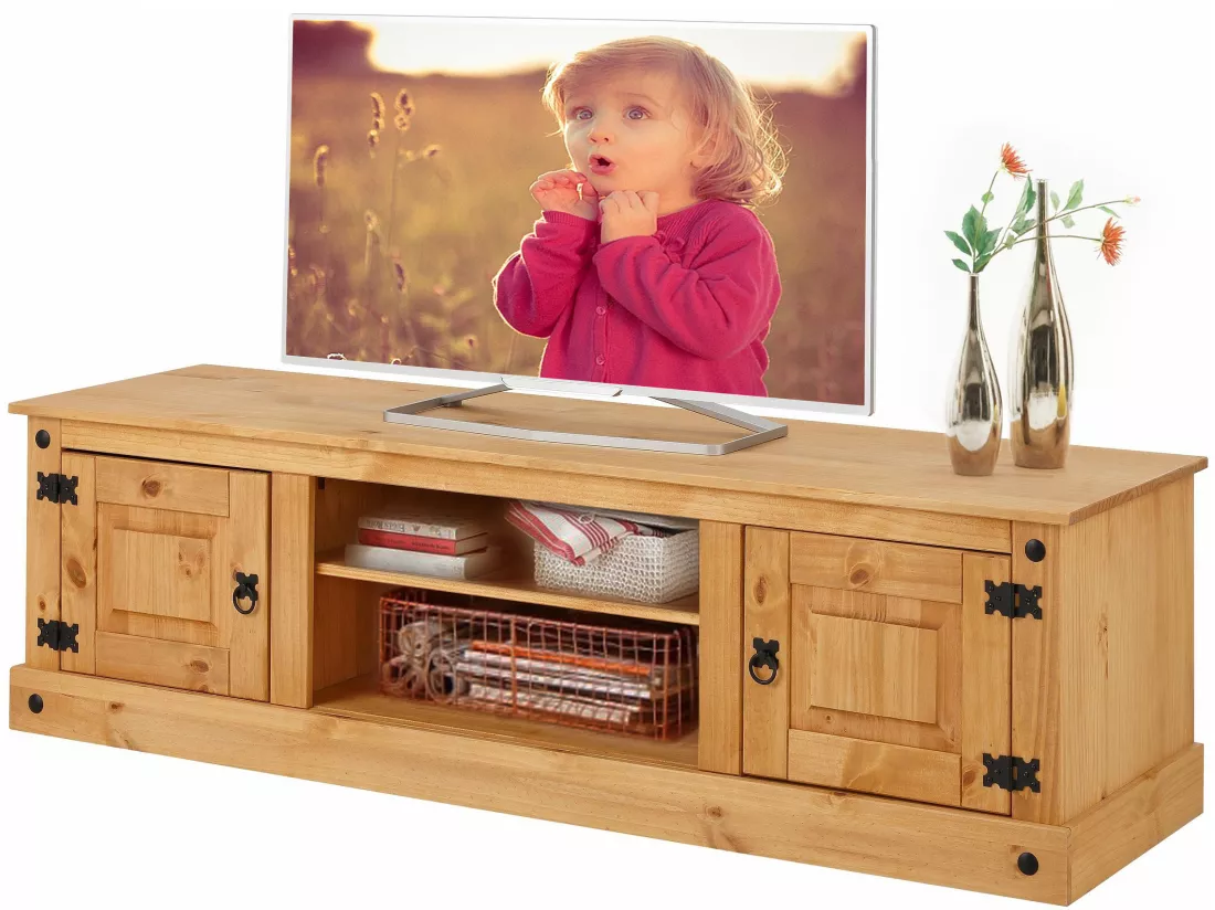 Meuble TV avec 2 portes et 1 étagère en pin