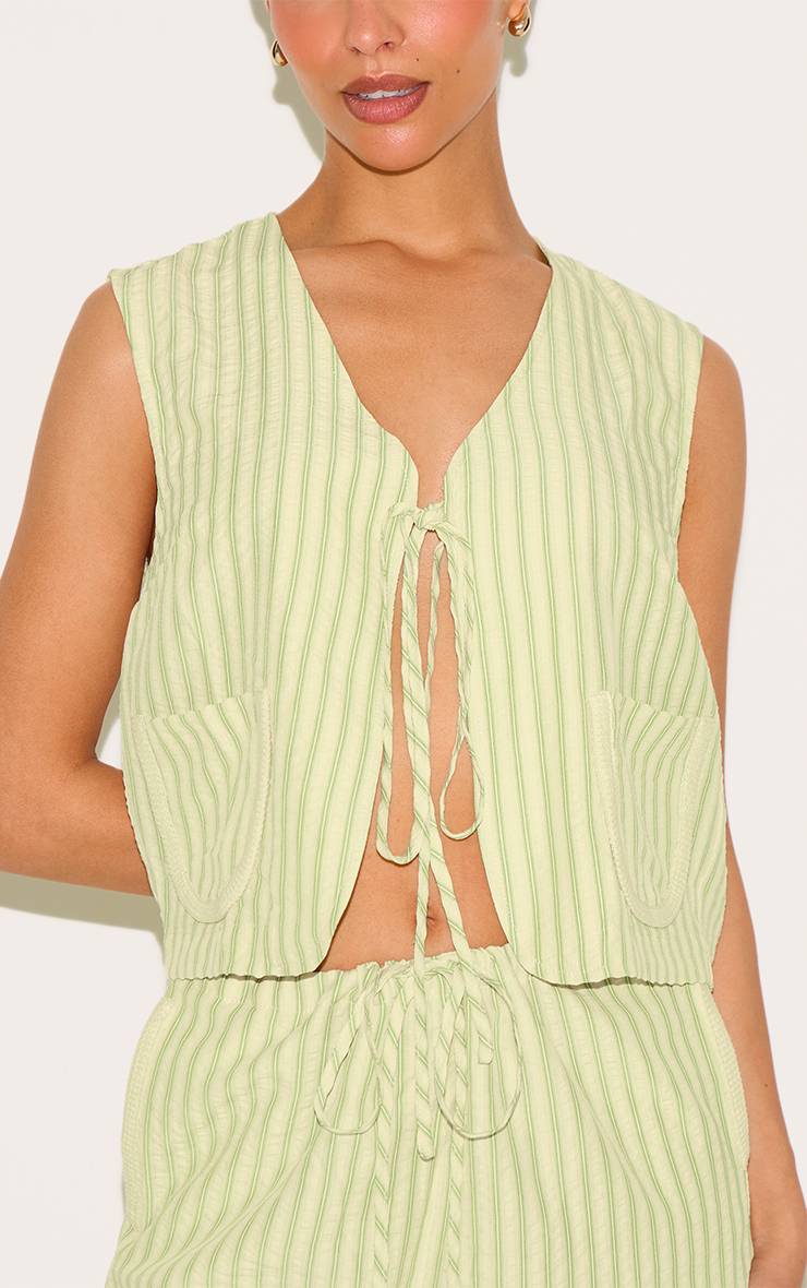 Vert Olive Gilet Long Rayé Tissé À Nouer Devant Petite