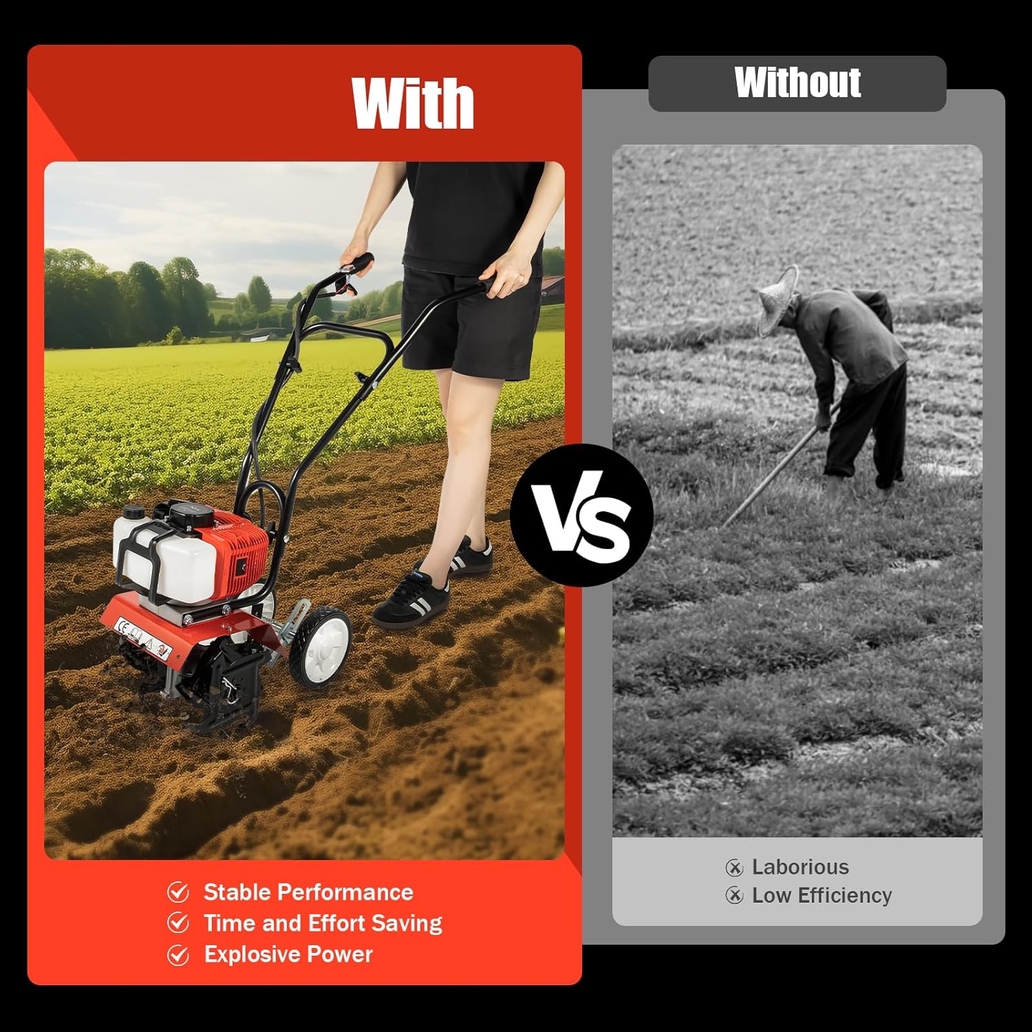 Gartenfräse Benzin Motorhacke 2 Takt Bodenhacke Gas Garten Kultivator 3-10cm Arbeitstiefe 35cm Arbeitsbreite 6500-7000r/min 1900W