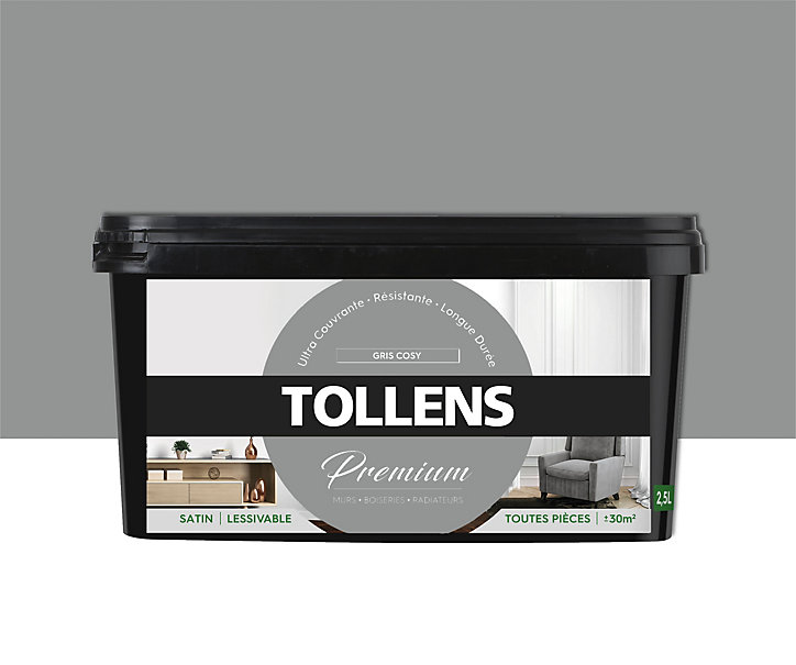 Peinture Tollens premium murs, boiseries et radiateurs gris cosy satin 2,5L