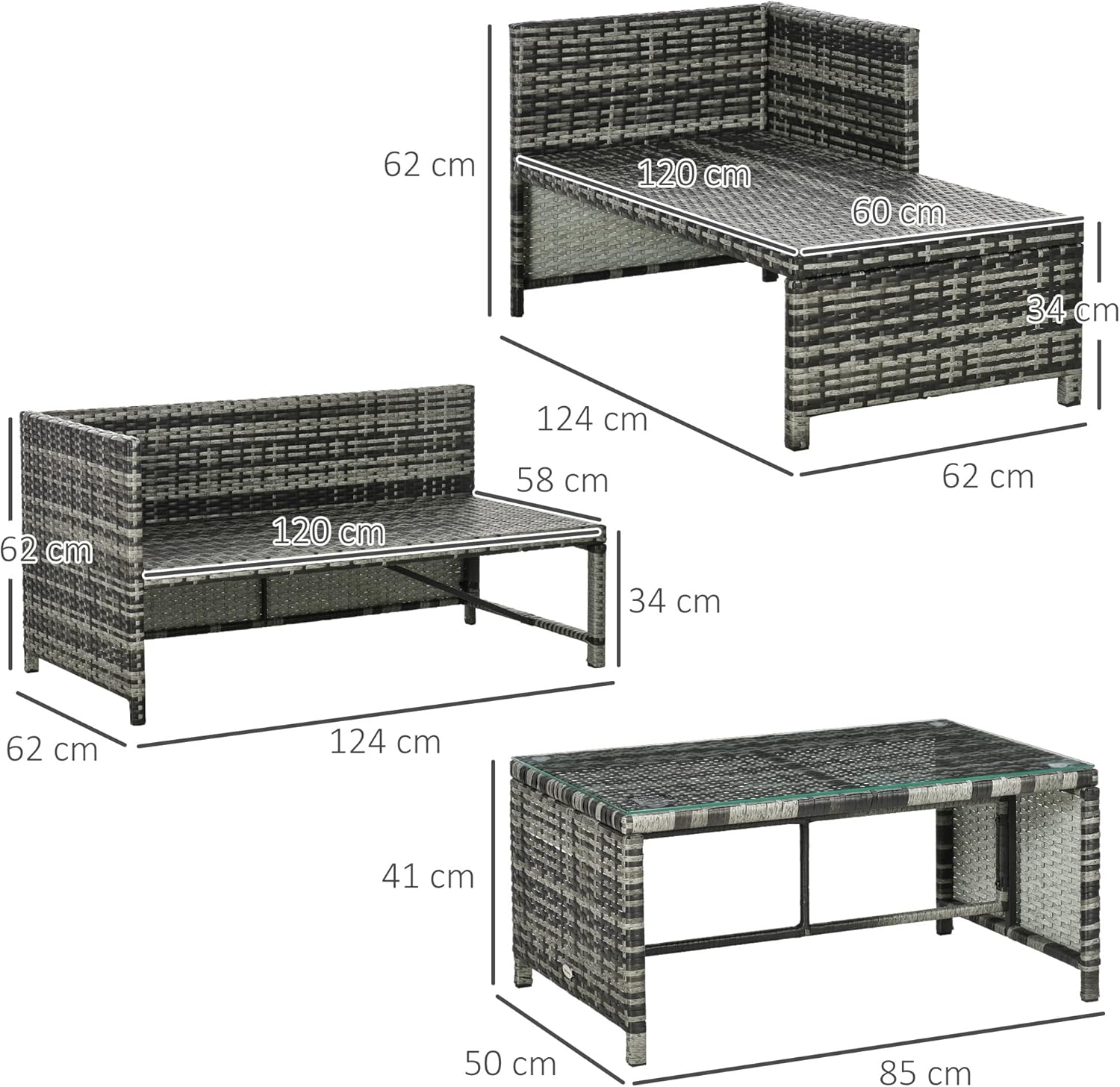 Outsunny Garden Lounge mit 2-Sitzer-Sofa, Chaise Longue und Couchtisch, PE Rattan und Glas Garten-Set mit Kissen, Grau