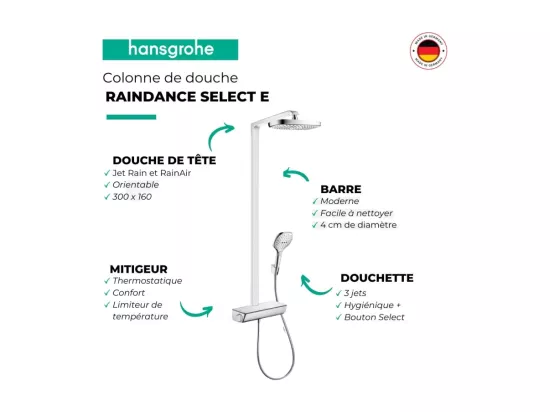 Colonne de douche thermostatique HANSGROHE Raindance Select E 300 EcoSmart chromé + tablette AddStoris