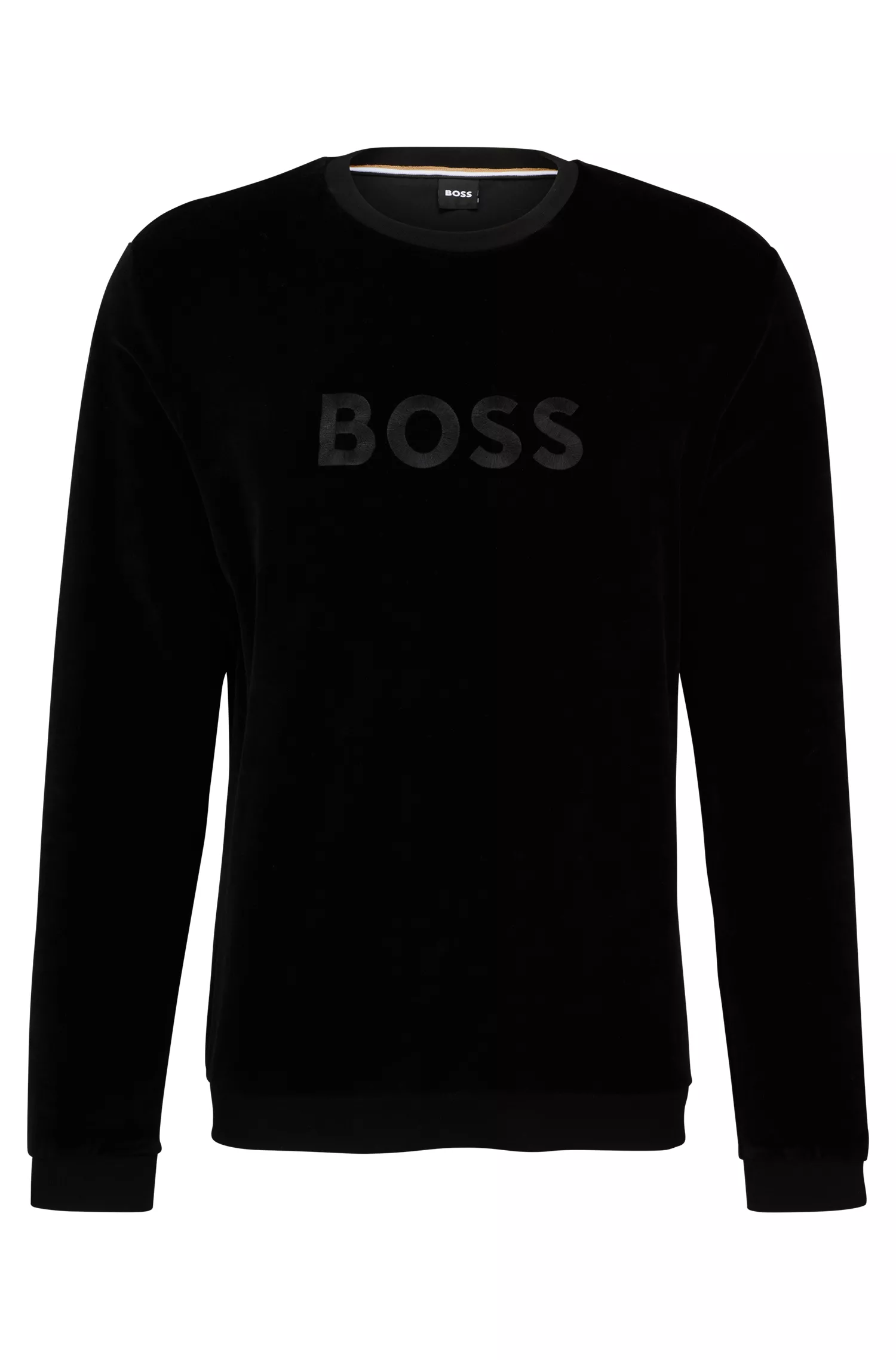 Moletom BOSS em veludo preto com mistura de algodão e logotipo bordado.
