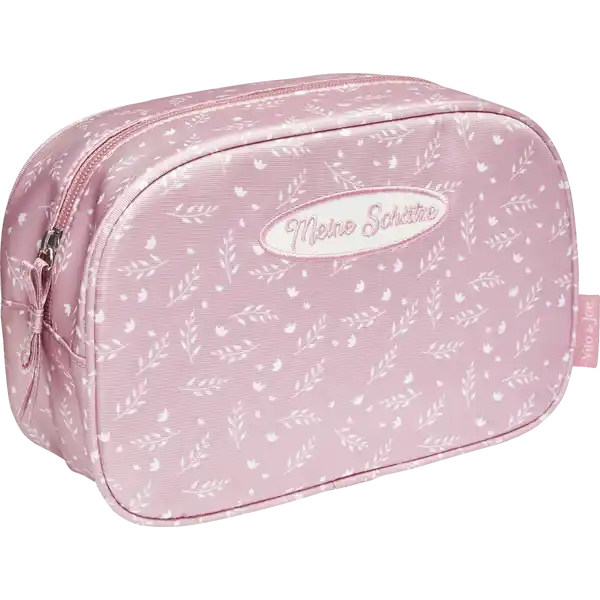 Schminktasche altrosa / creme mit Blumen und Aufnäher