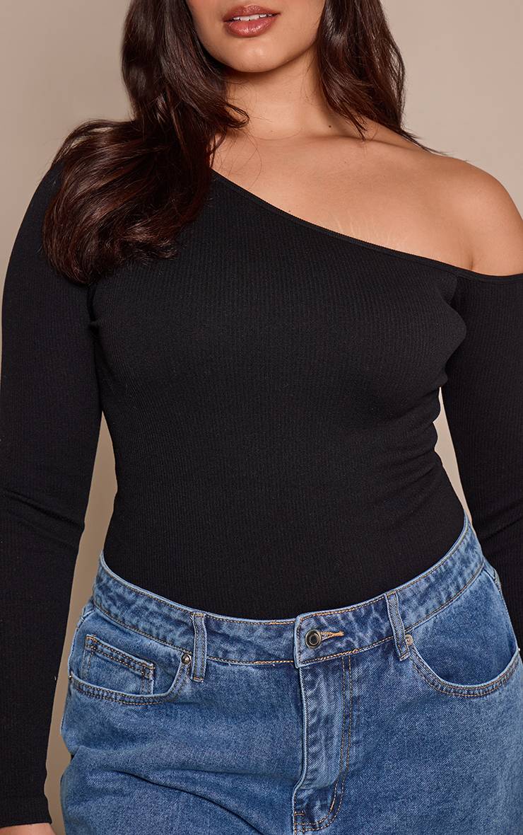 Noir Body Grande Taille Côtelé Contour Asymétrique À Manches Longues