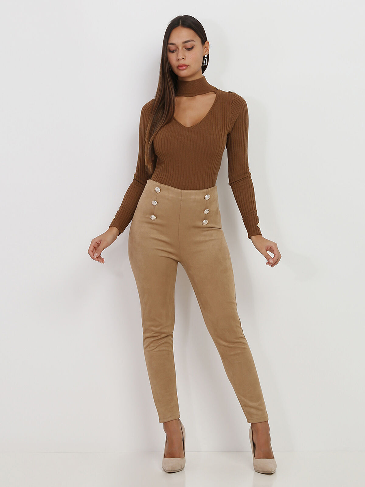 Pantalon en suédine à boutons- Camel