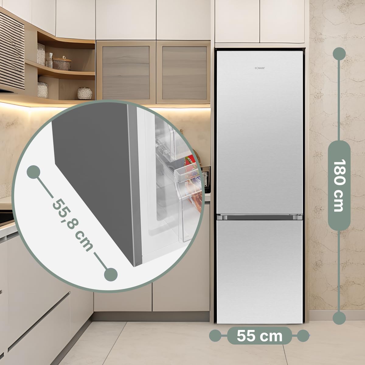 Bomann® Kühlschrank mit Gefrierfach | Energieklasse C | 180cm | Kühl Gefrierkombination leise 36 dB | 4 Ablagen & 3 Schubladen | Türanschlag wechselbar | 268L Kühlgefrierkombi | KG 7353 inox