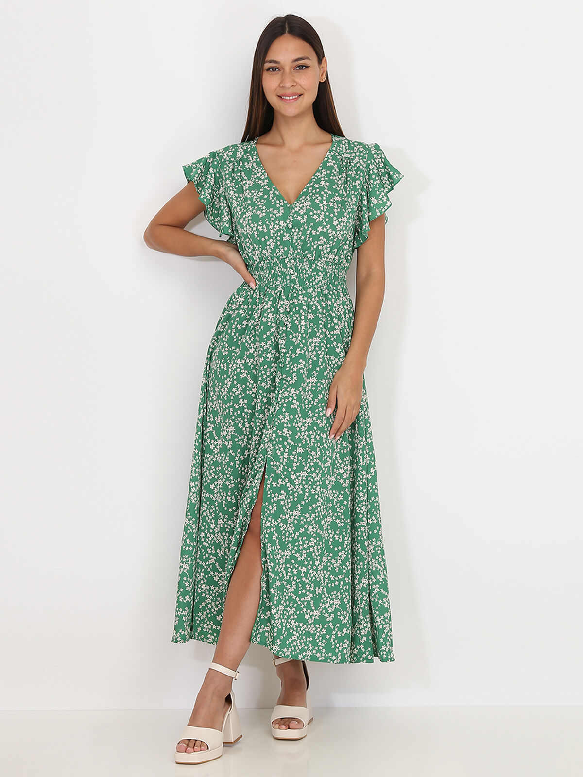 Robe évasée smockée à fleurs- Vert
