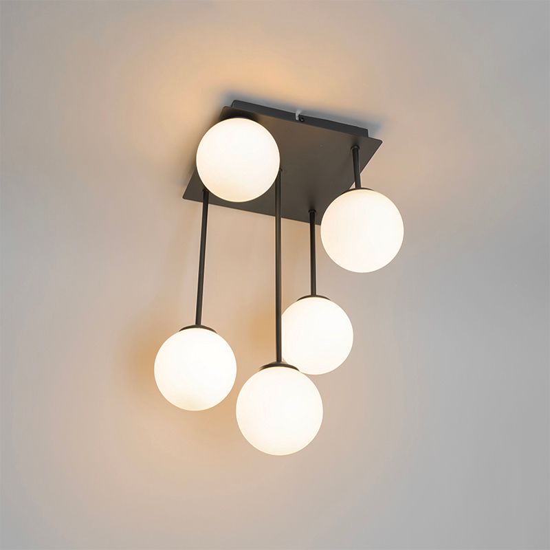 Moderne plafondlamp zwart met opaal glas 5-lichts  - Athens