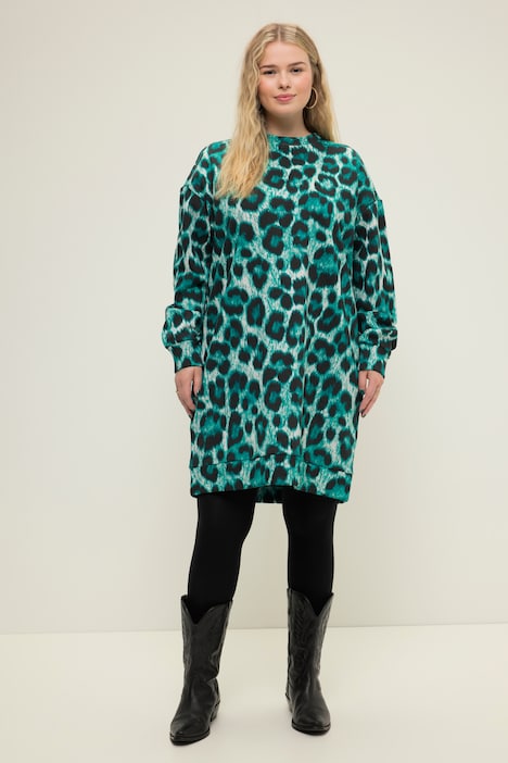 Sweatkleid, oversized, Leo Print, Rundhals, Langarm