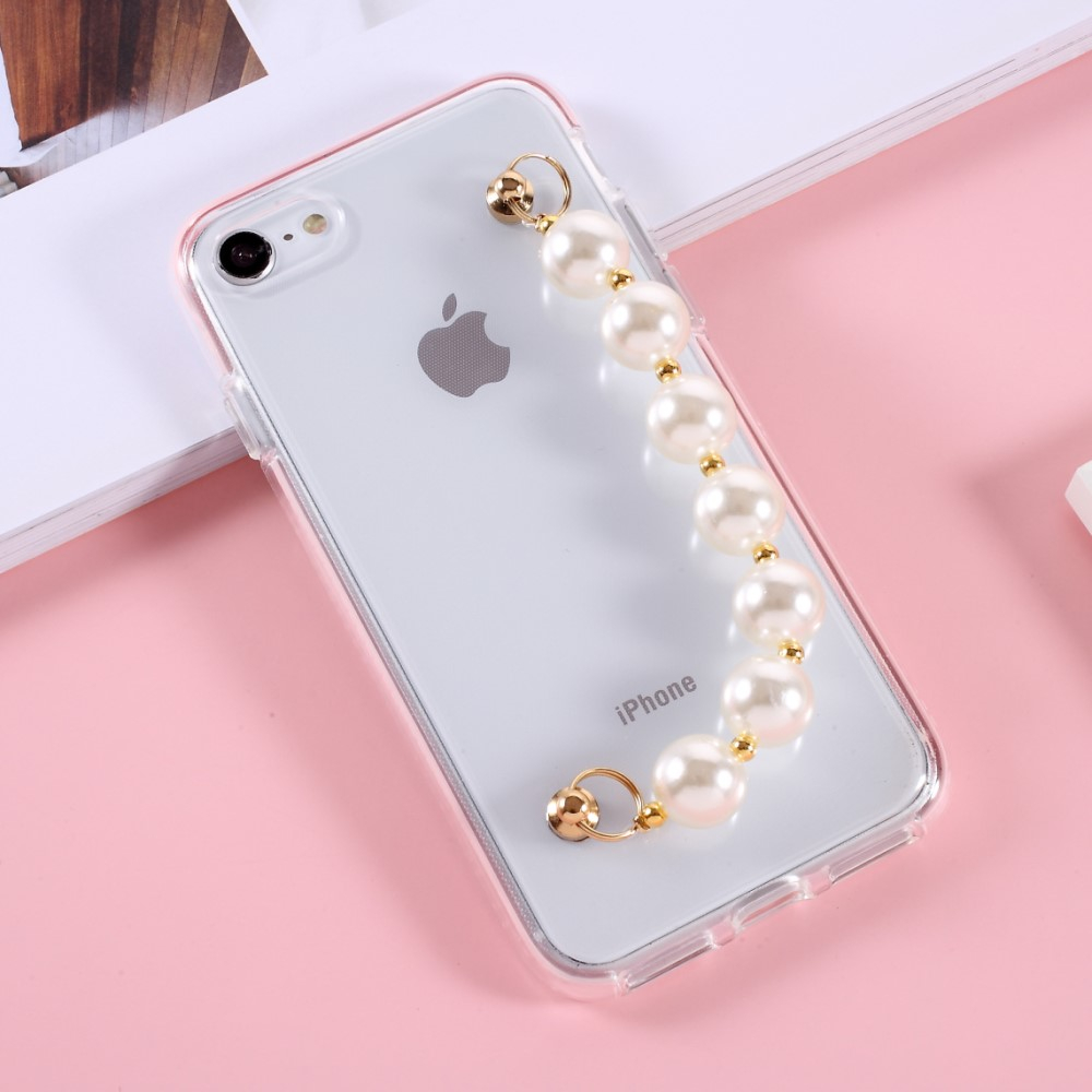 iPhone SE (2022/2020) / 8 / 7 Hybrid Bumper Gummi Hülle mit Perlenkette Handschlaufe - Transparent / Rosa