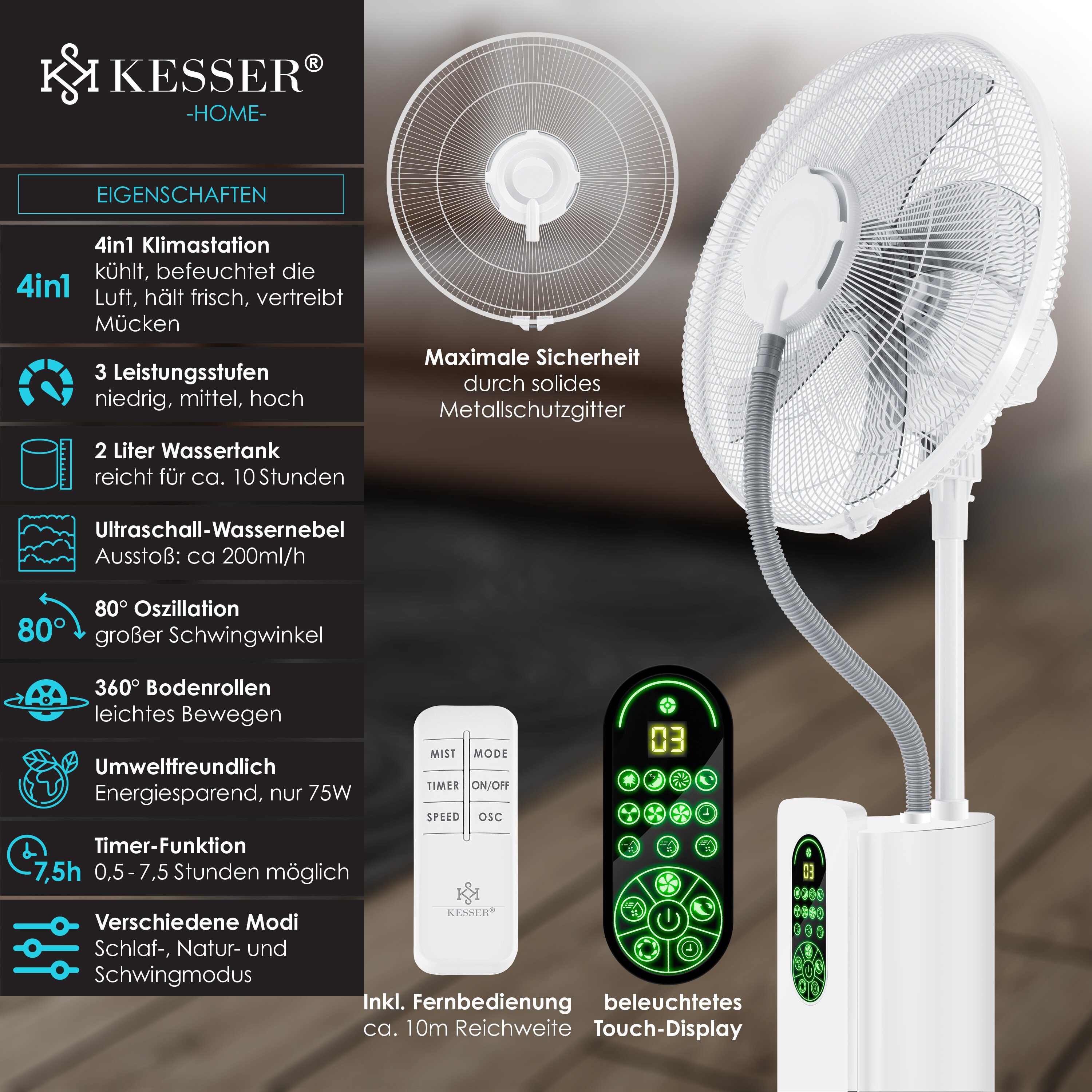 KESSER® Stand-Ventilator Frosty mit Wasser Ultraschall-Sprühnebel Wasserkühlung , inkl. Fernbedienung Timer-Funktion , Luftbefeuchter Leise ,Nebelfunktion , Raumbefeuchter , Standventilator