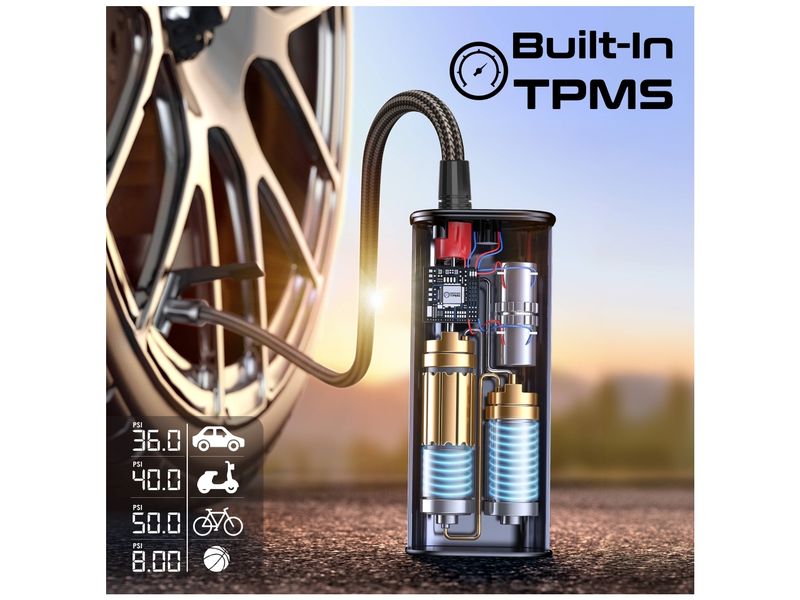 Promate Luftkompressor PowerPump Portabler 10.3 bar Tragbarer Luftkompressor mit 150PSI und TPMS-Funktion