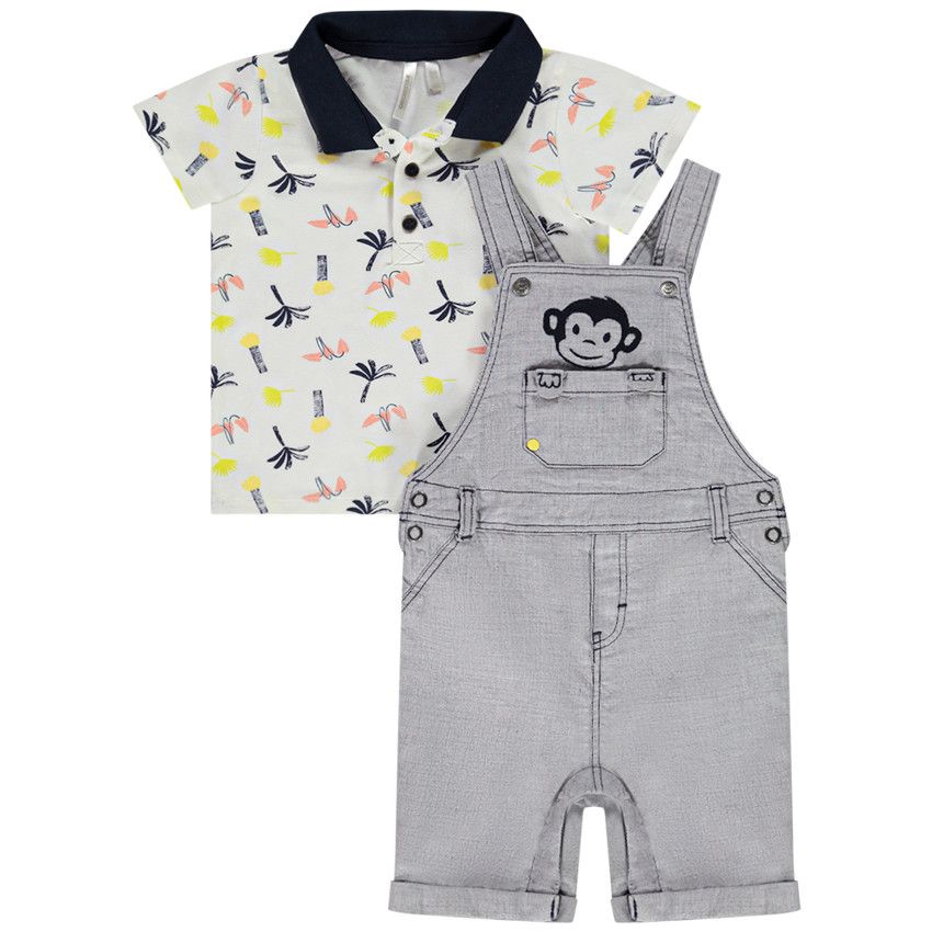 Ensemble polo et salopette avec broderie singe pour bébé garçon - Blanc