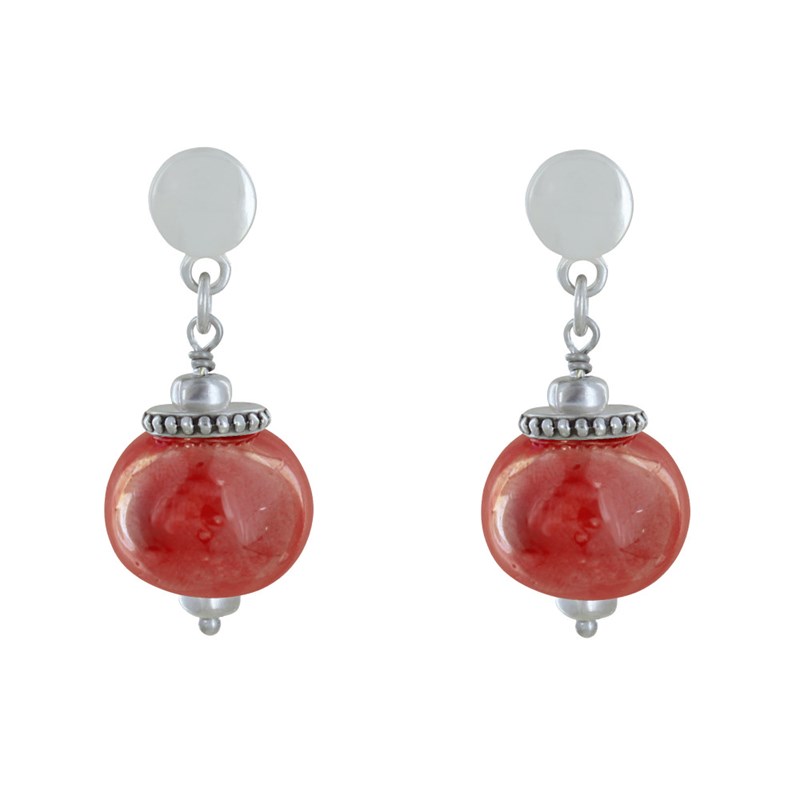 Boucles d'Oreilles Clous Métal Argenté et Grosses Perles en Céramique