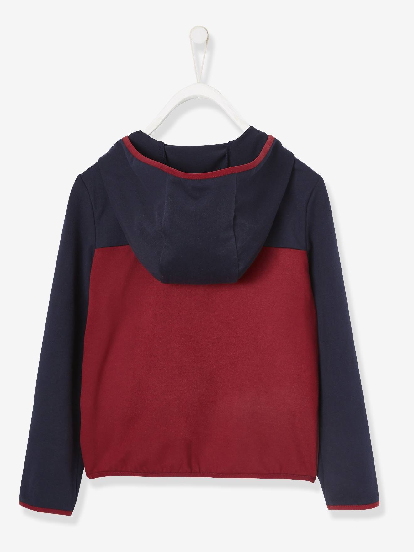 Moletom esportivo feminino, modelo liso azul escuro com efeito colorblock e estampas.