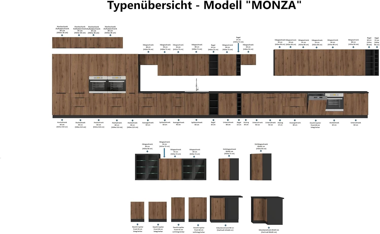 Kuechen-preisbombe Winkelküche Siena + Monza 350x290 cm Küchenzeile Eckküche Küche Nußbaum Schwarz