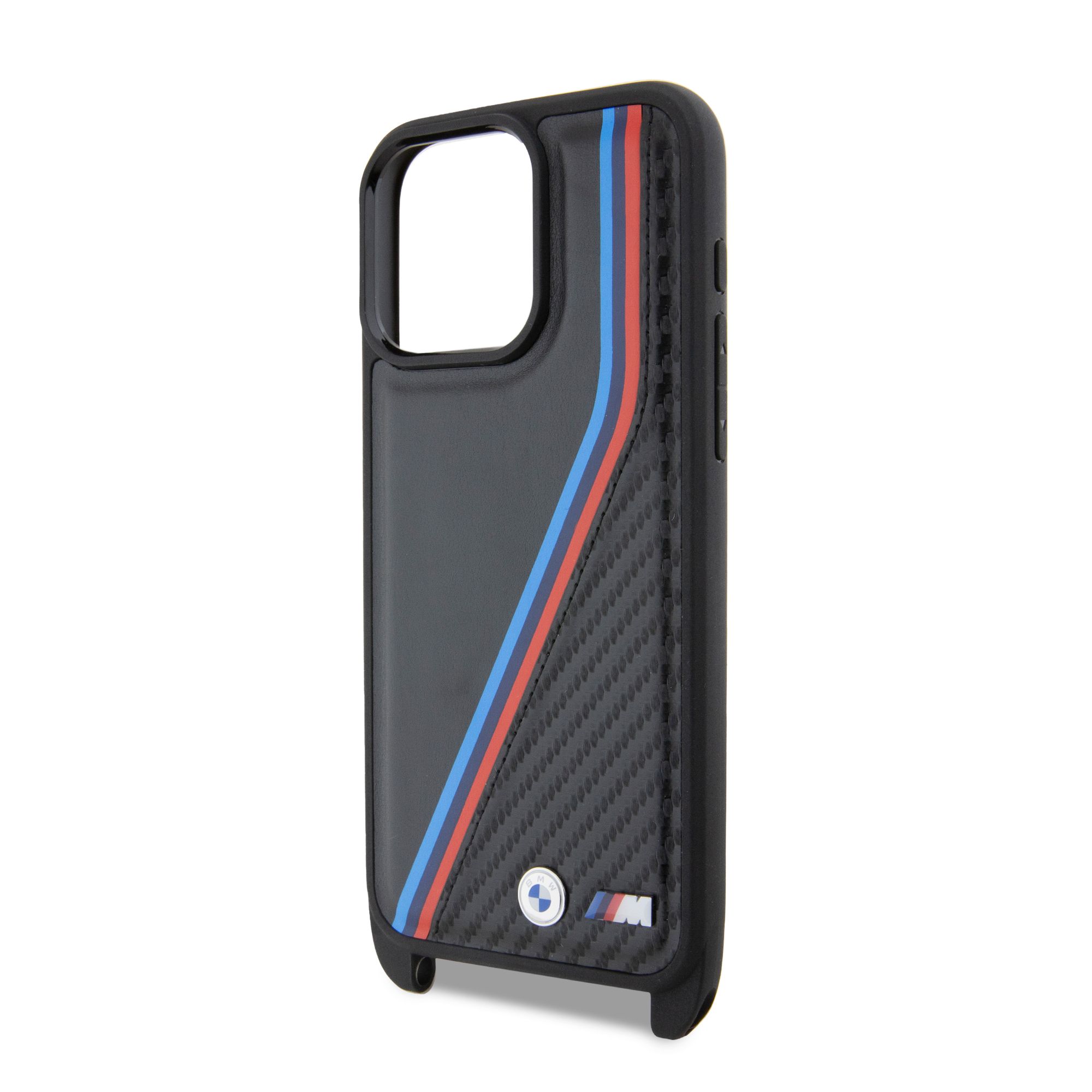 (160cm) iPhone 15 Pro Max Necklace Leder Hardcase Hülle Carbon Tricolor Lines & Strap   Handykette (BMHCP15X23PSVTK) - Schwarz