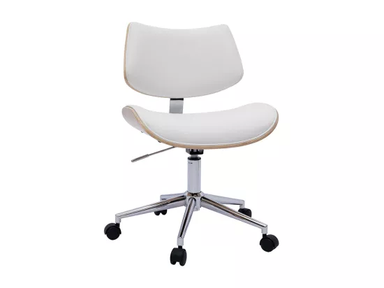 Chaise de bureau à roulettes design blanc, bois clair chêne et métal MALMO