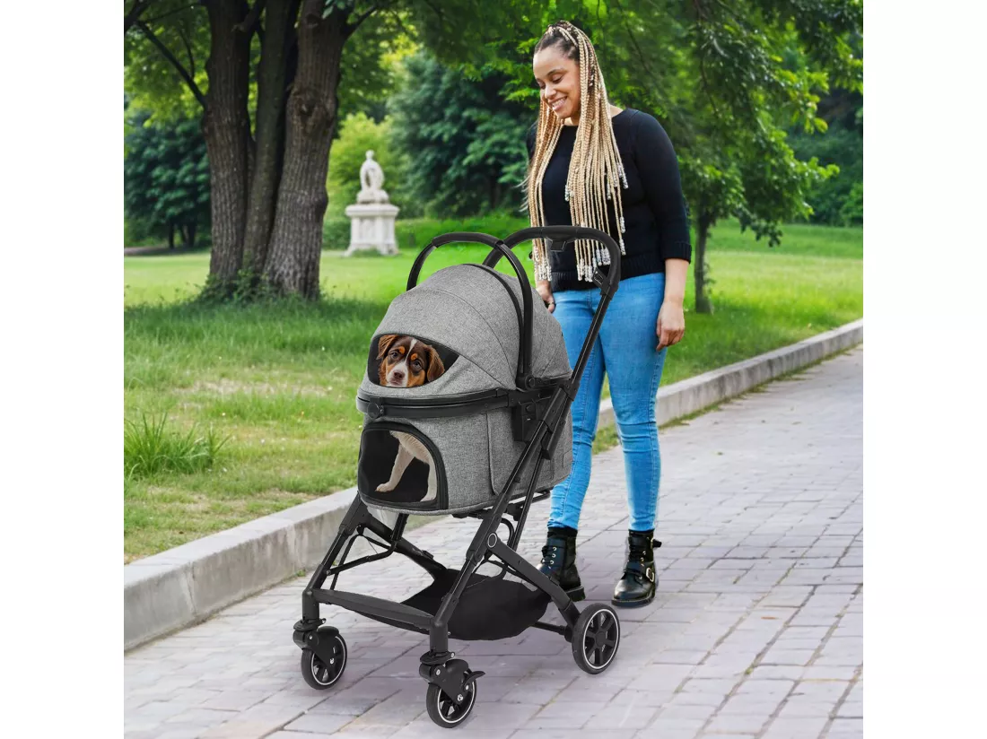 YITAHOME Poussette Chien pour Chien Chat - 15.9kg - avec Panier de Rangement - 4 Roues - Pliable Portable - Gris