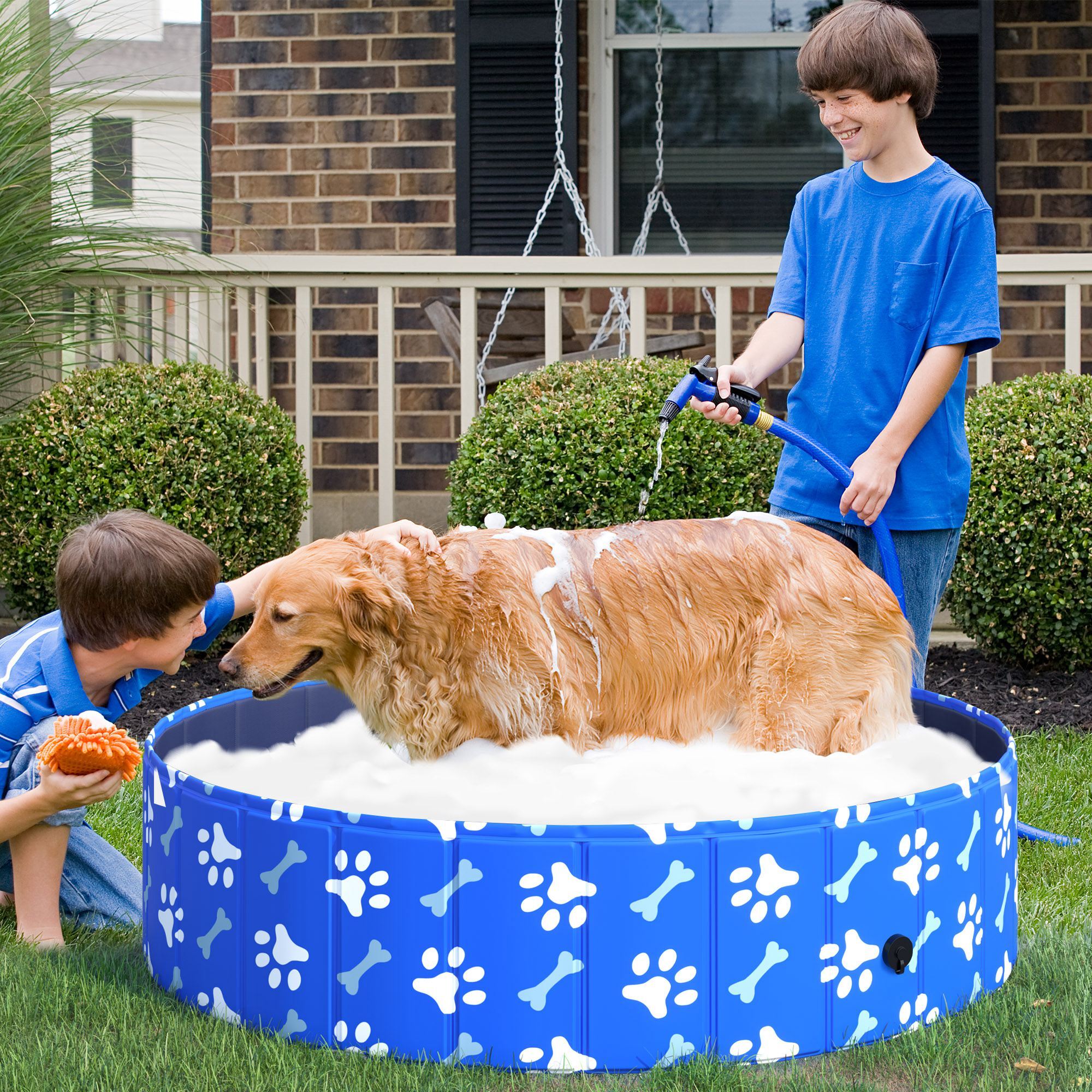 PawHut Hundepool mit Wasserablassventil blau Ø120 x 30H cm